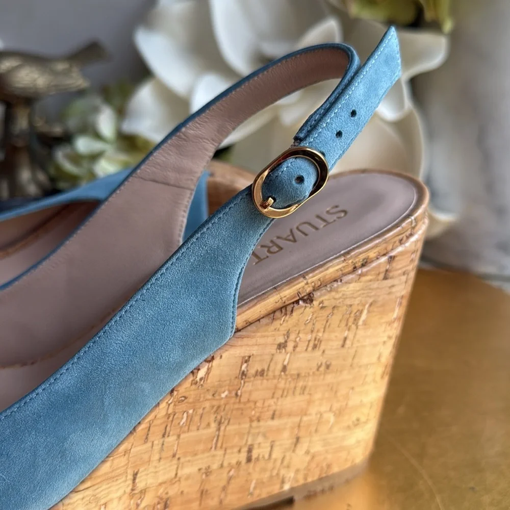 Stuart Weitzman Platform Gloss Cork Wedges in Blue Suede - Picture 9 of 16